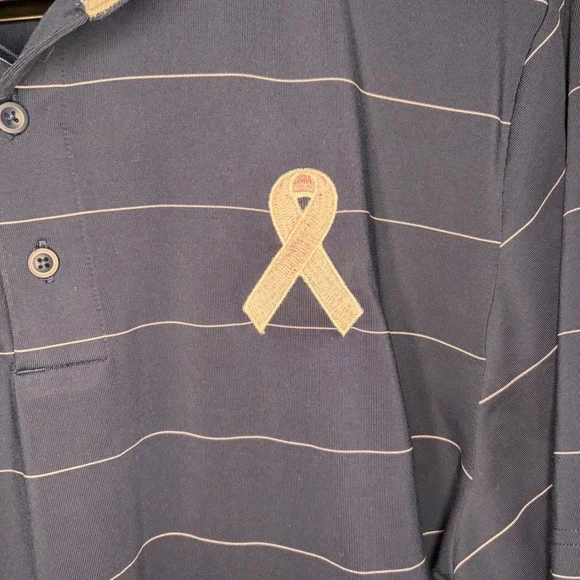 Under Armour Polo Shirt Mens Large Navy Blue Excellent Pink Ribbon Striped - Picture 5 of 7